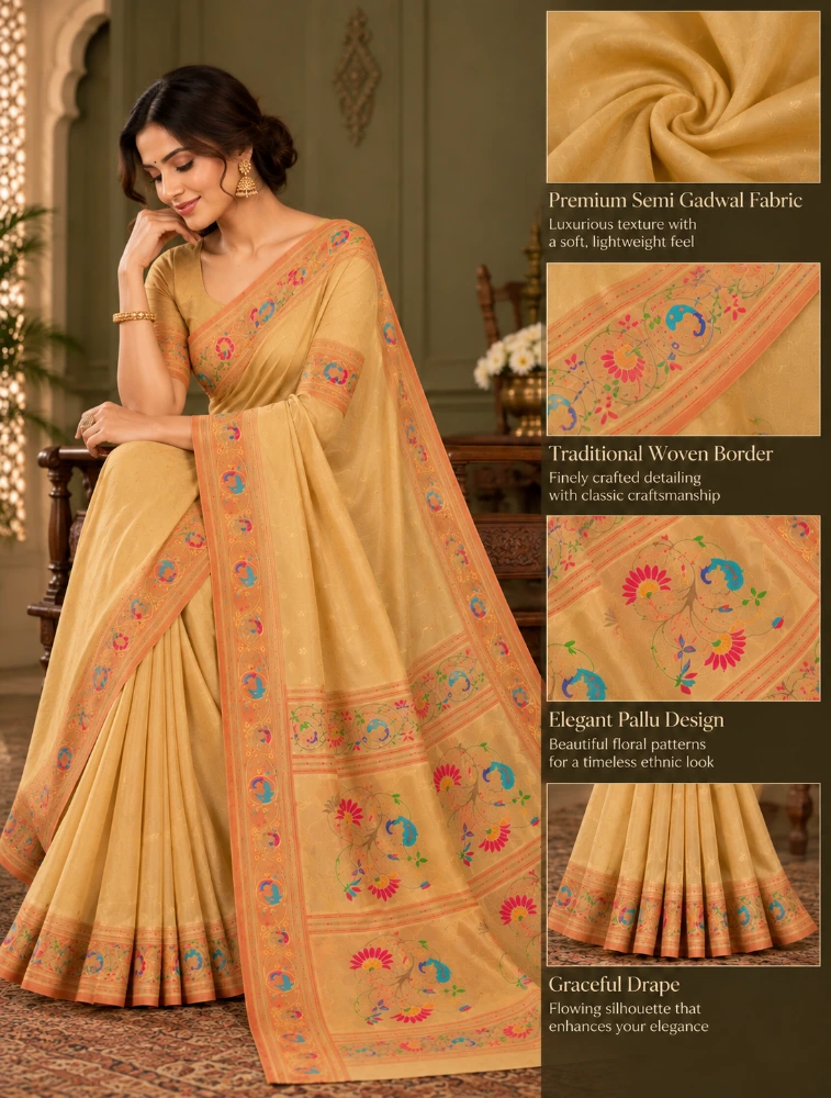 Yellow Womens Premium Semi Paitani Sarees With Flower Border