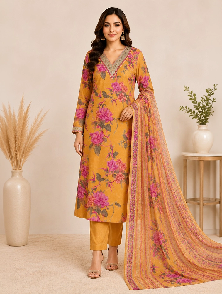 Yellow Womens Printed & Embroidered Kurta Sets With Dupatta  
