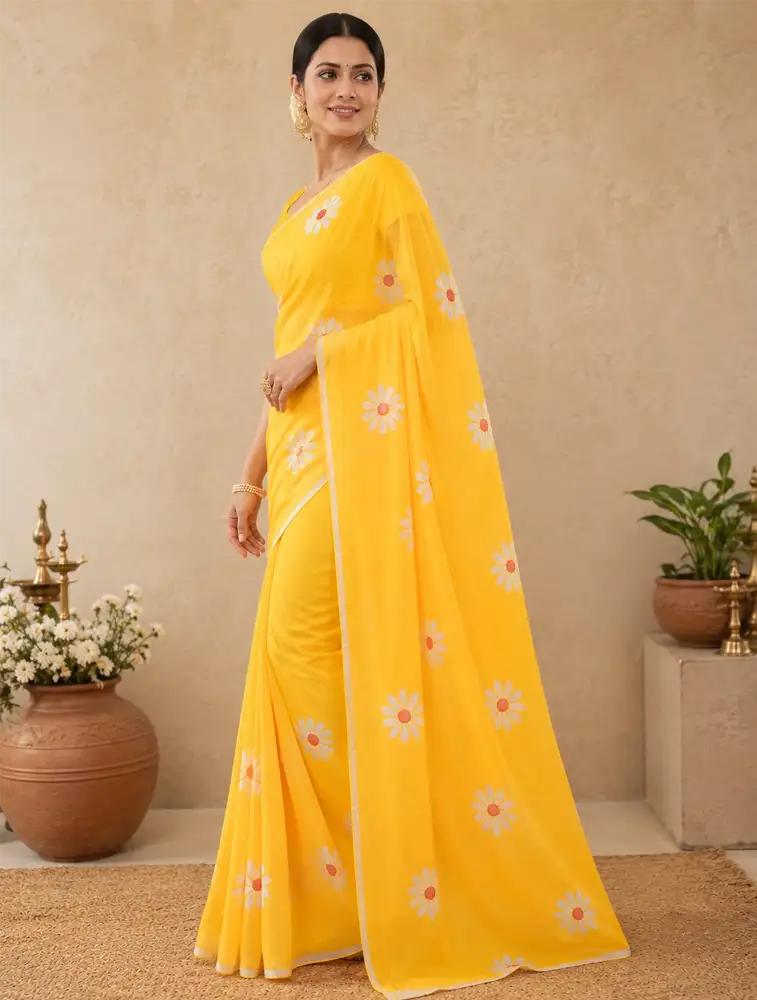Yellow Womens Printed Coosi Silk Sarees
