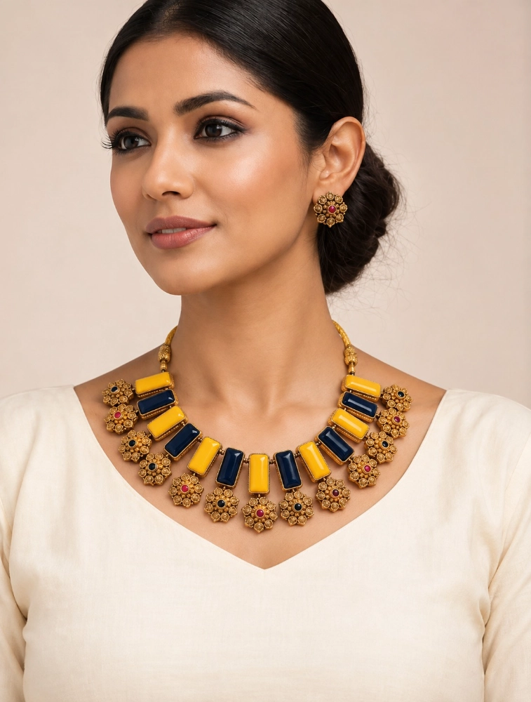 Yellow and Black Manjari Royal Floral Terracotta Jewellery set