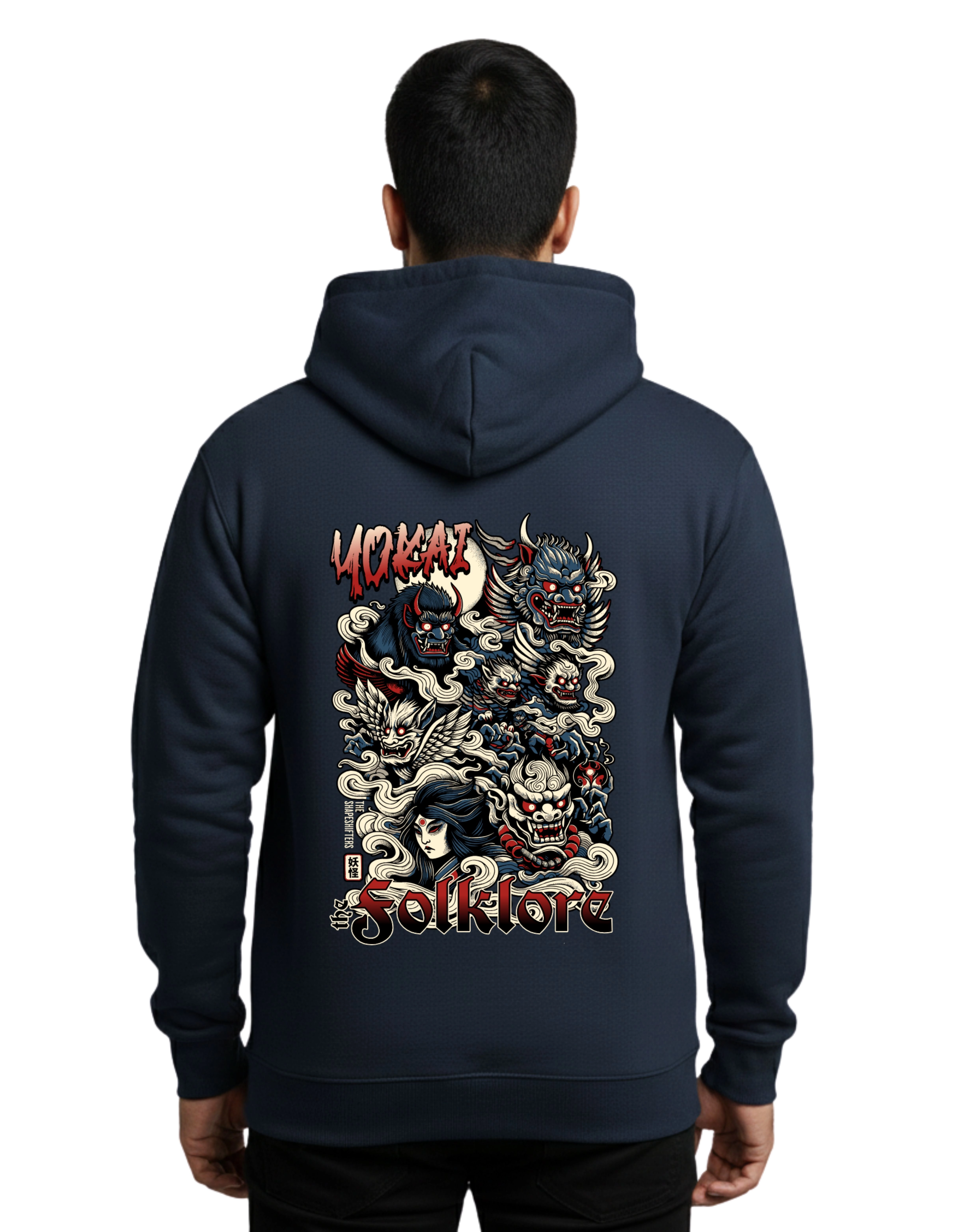Yokai Folklore Graphic Cotton Hoodie Without Zipper 300 GSM Navy Blue