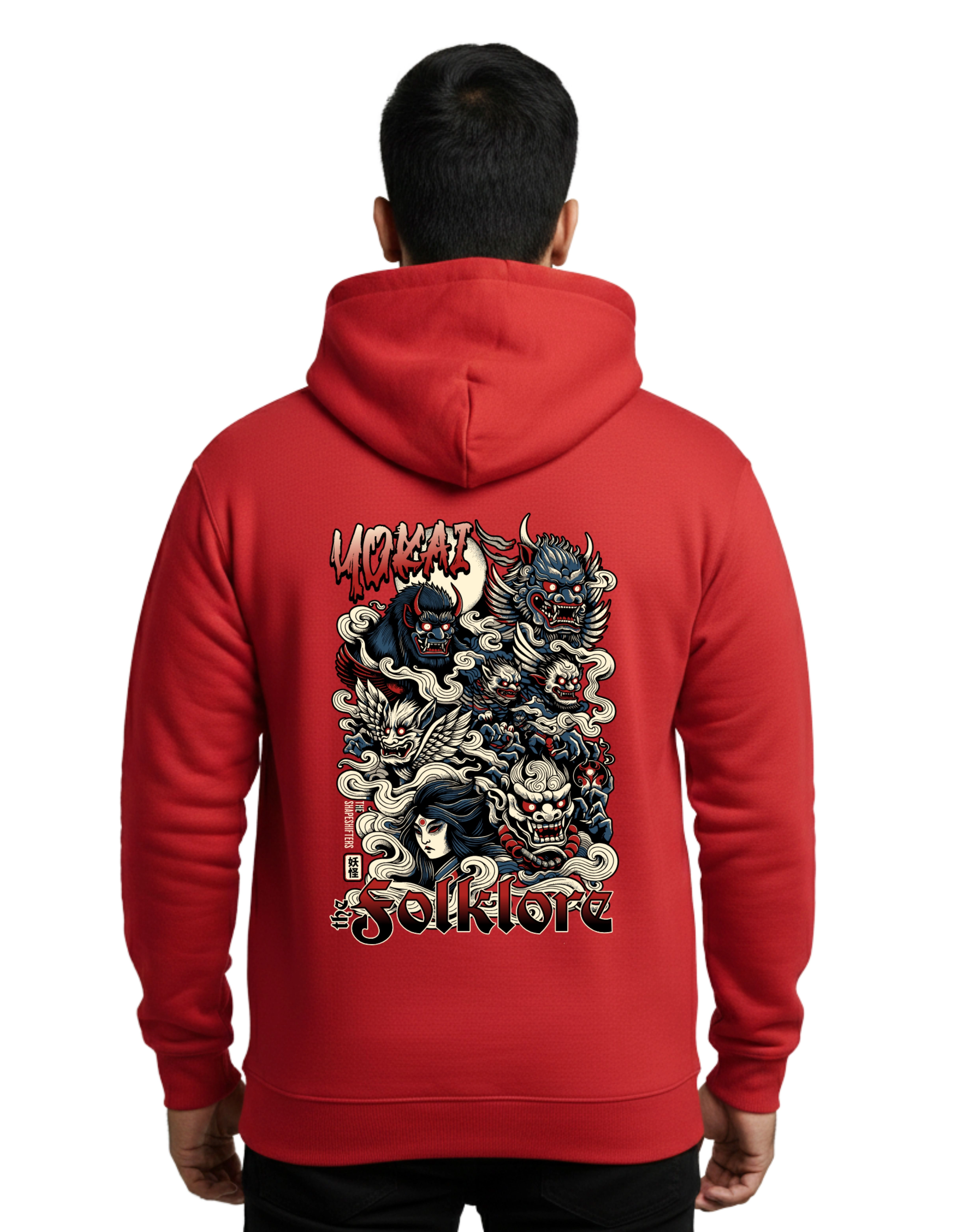 Yokai Folklore Graphic Cotton Hoodie Without Zipper 300 GSM Red