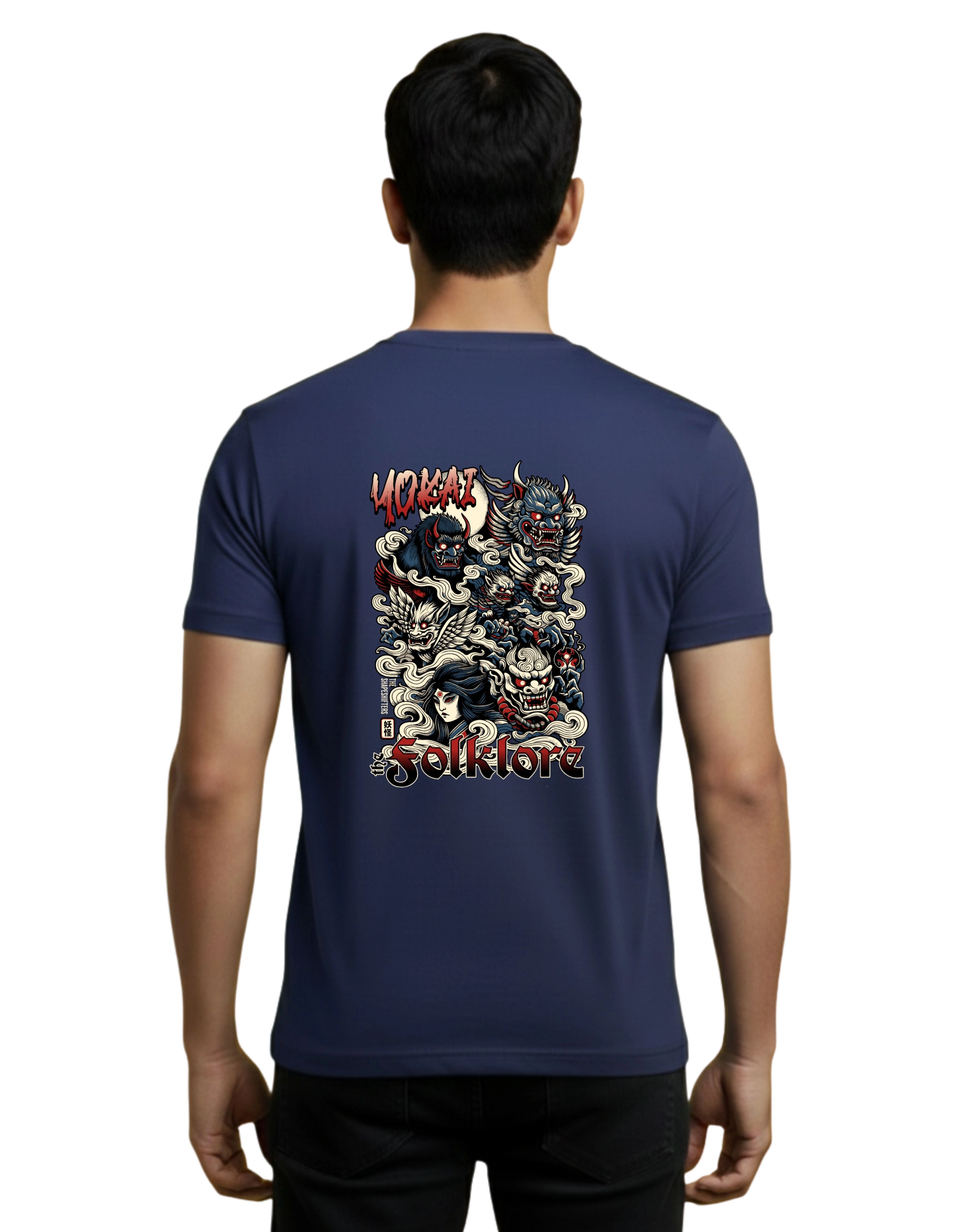 Yokai Folklore Graphic Cotton Round Neck T-Shirt 180 GSM Navy Blue