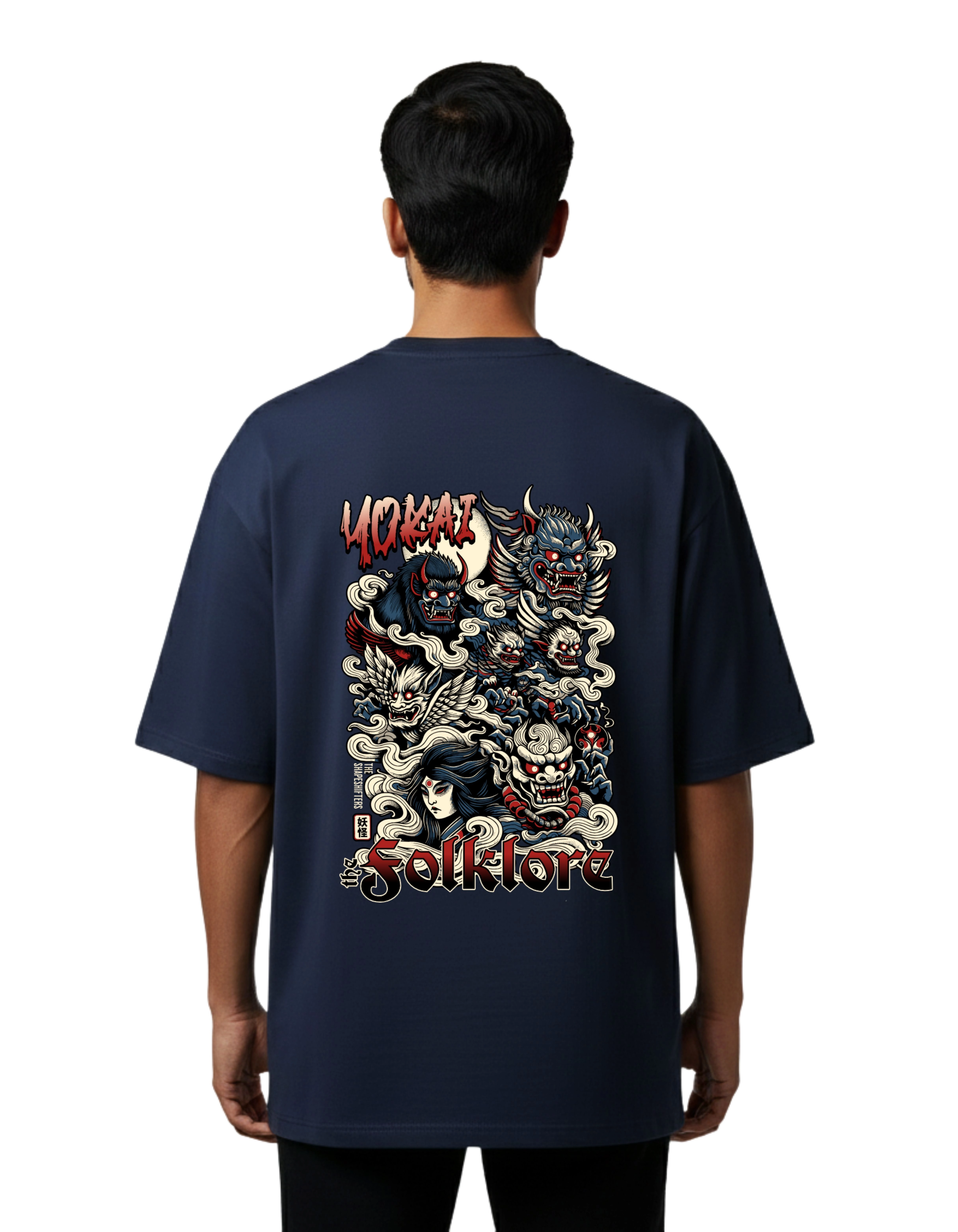 Yokai Folklore Graphic Oversized Cotton French Terry T-Shirt 240 GSM Navy Blue