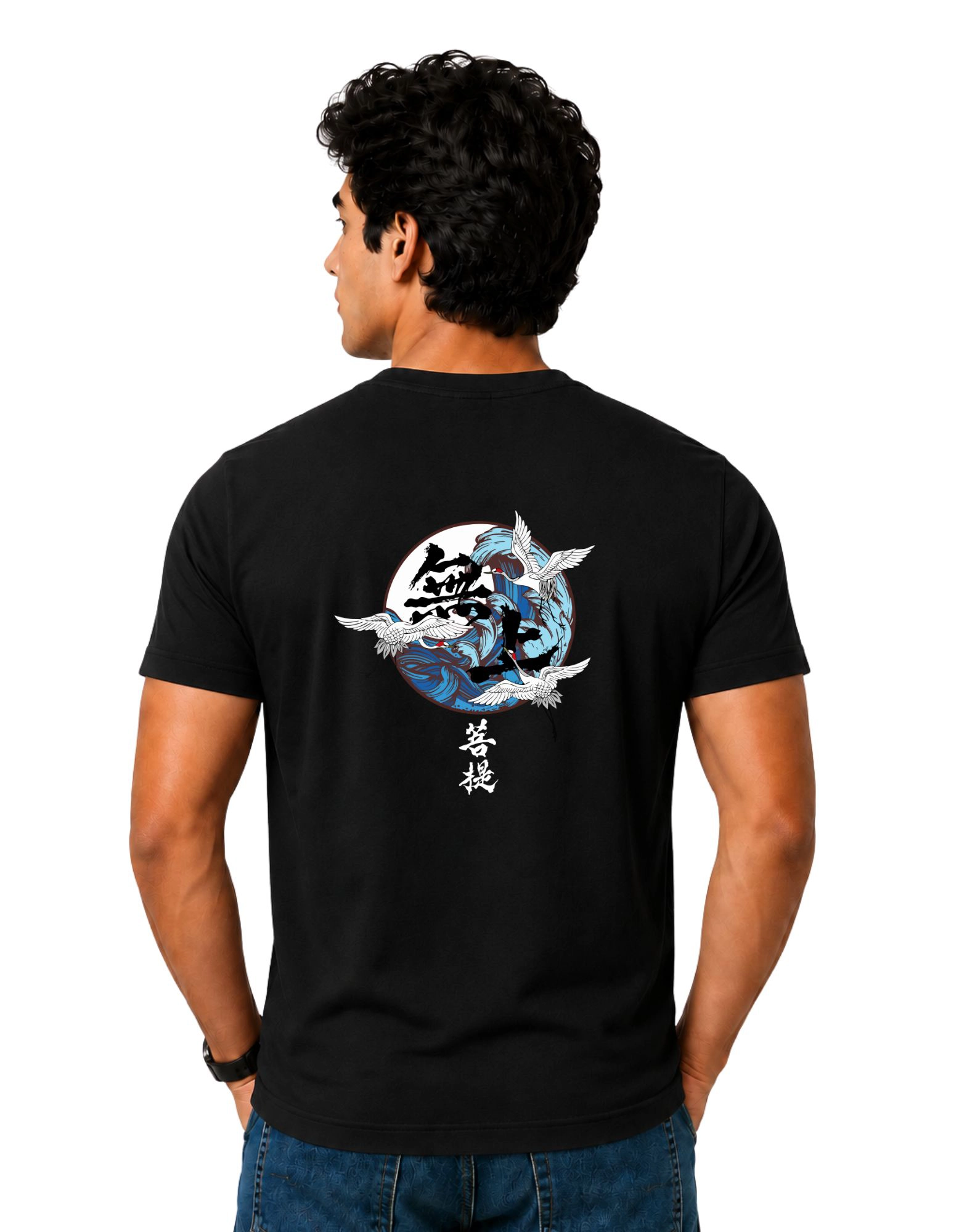 Zen Crane Cotton Round Neck T-Shirt 180 GSM Black