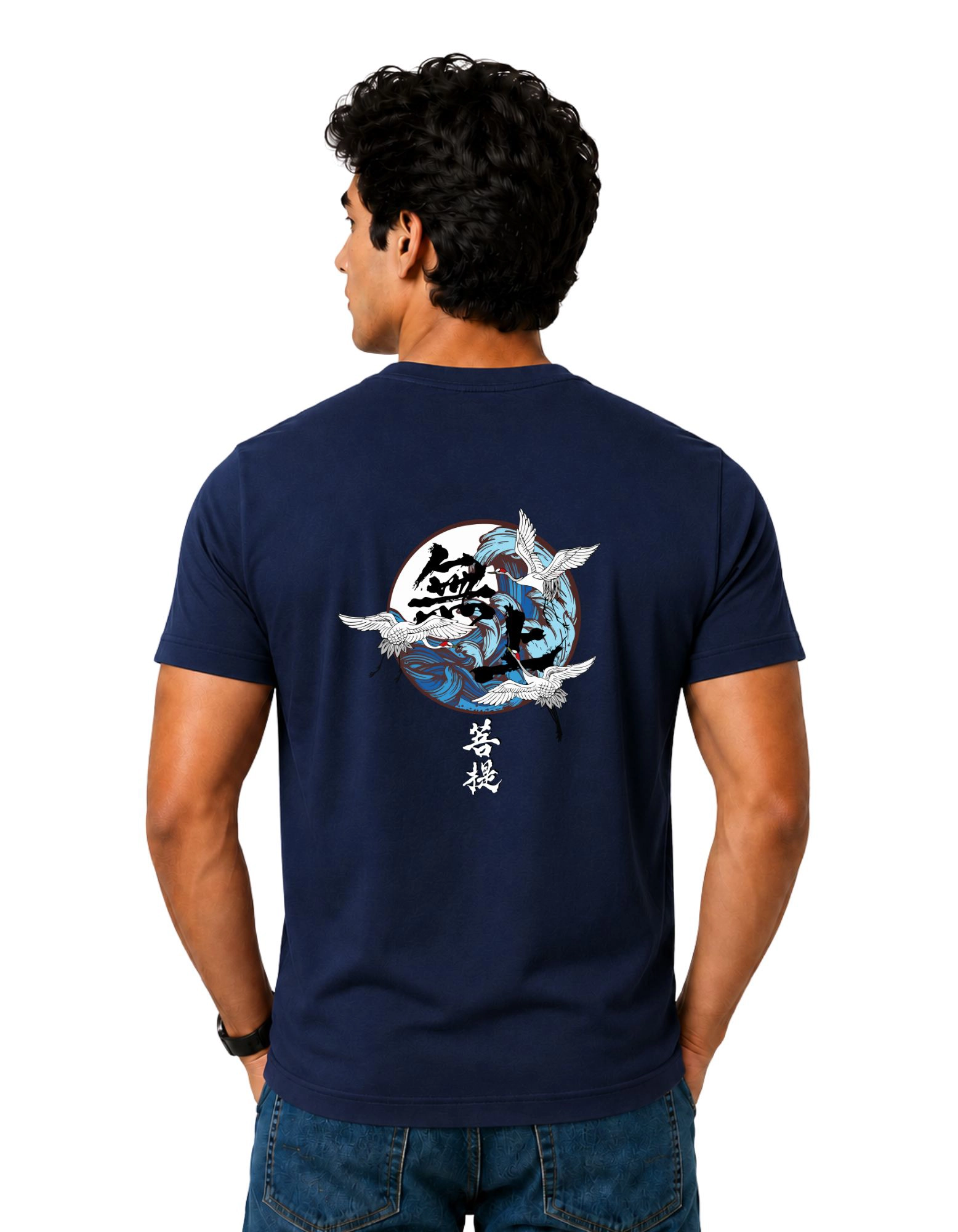 Zen Crane Cotton Round Neck T-Shirt 180 GSM Navy Blue