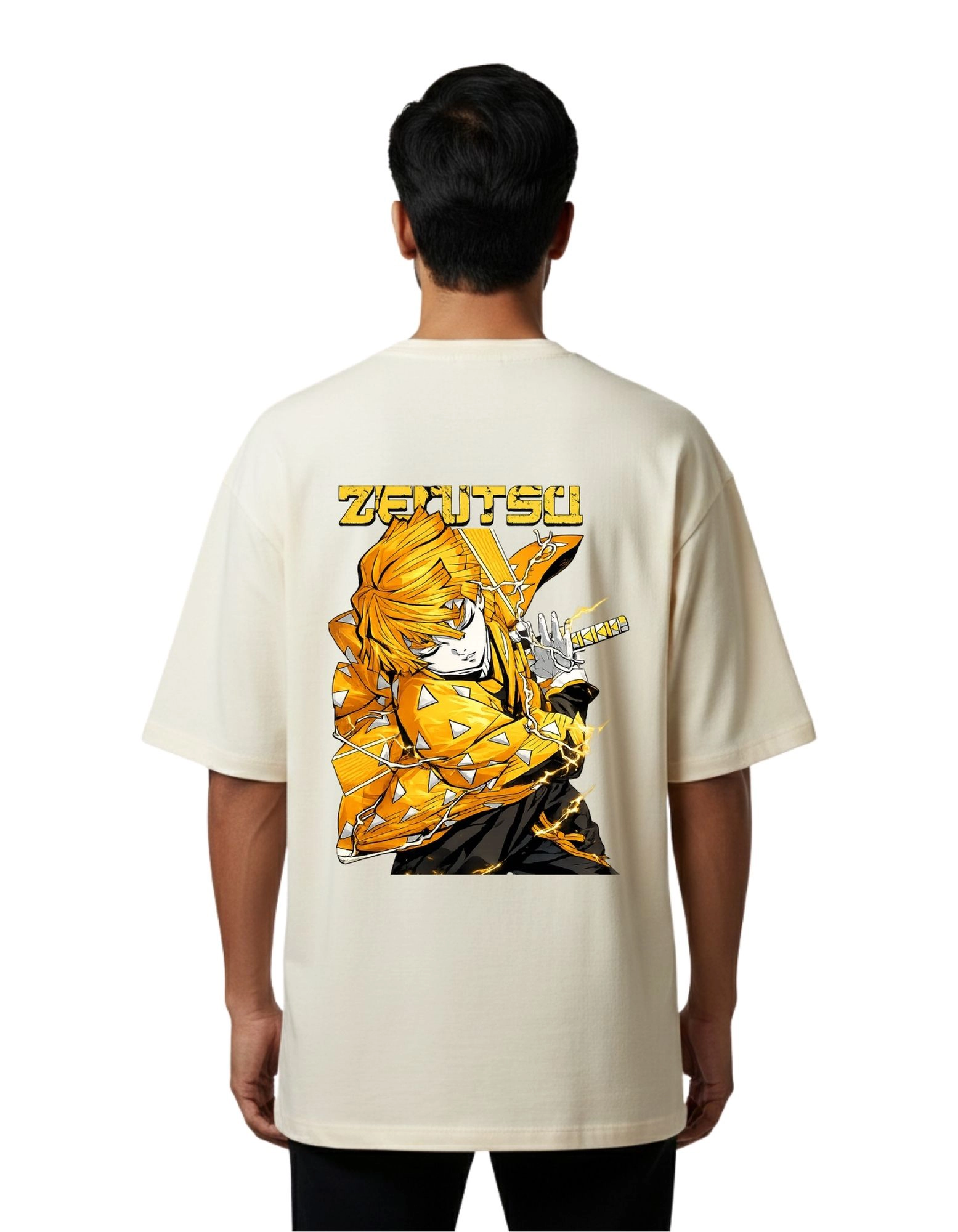Zenitsu Thunder Graphic Oversized Cotton French Terry T-Shirt 240 GSM Beige