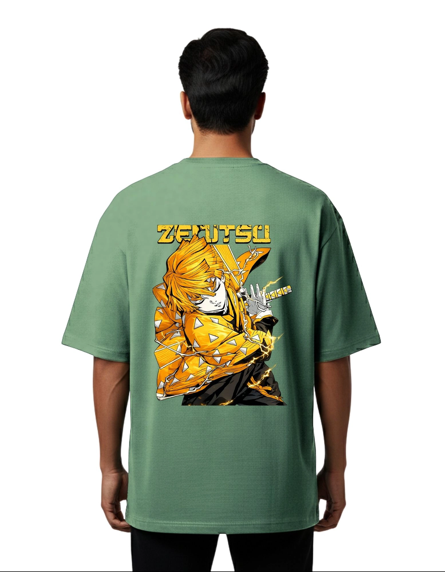 Zenitsu Thunder Graphic Oversized Cotton French Terry T-Shirt 240 GSM D Green