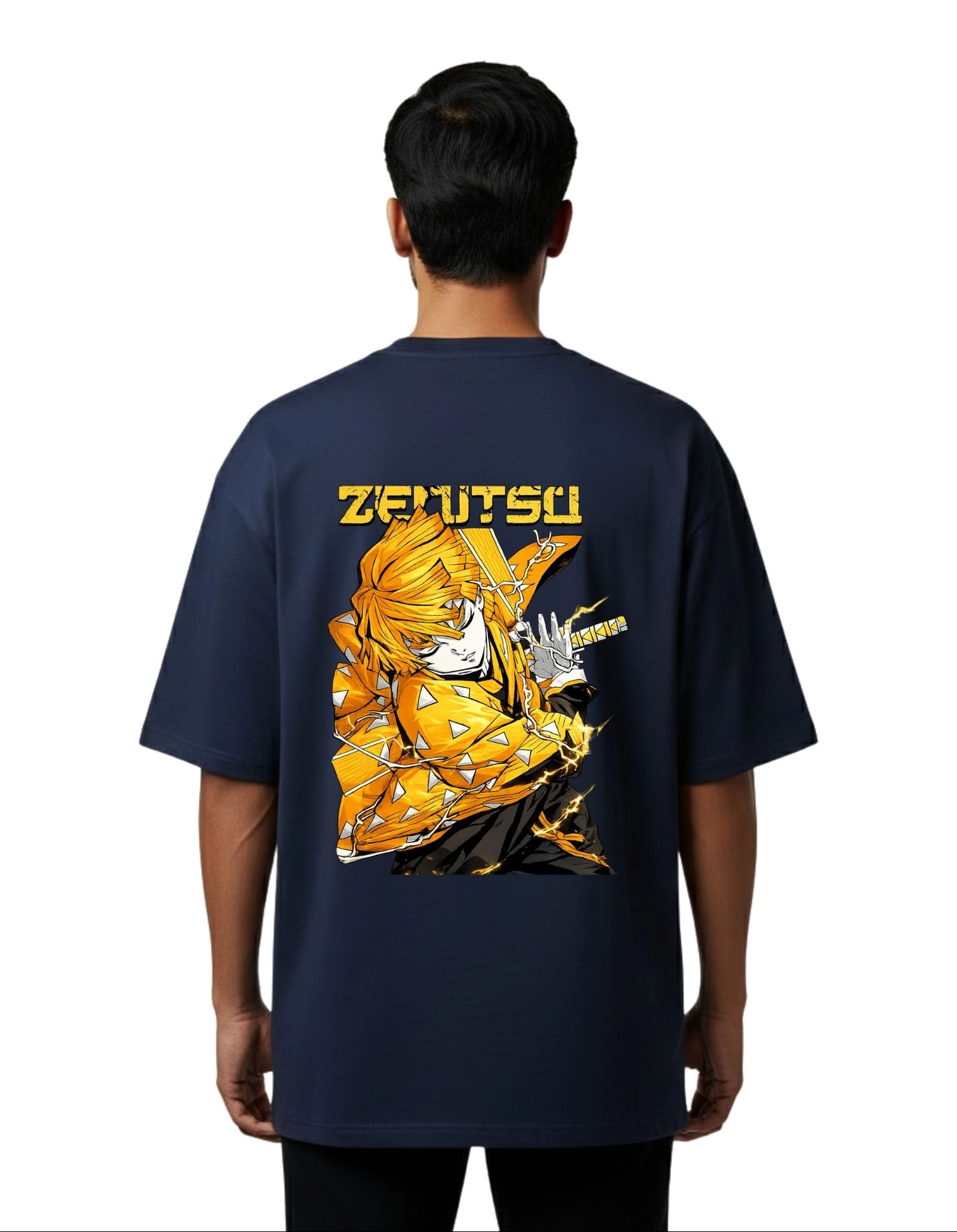 Zenitsu Thunder Graphic Oversized Cotton French Terry T-Shirt 240 GSM Navy Blue