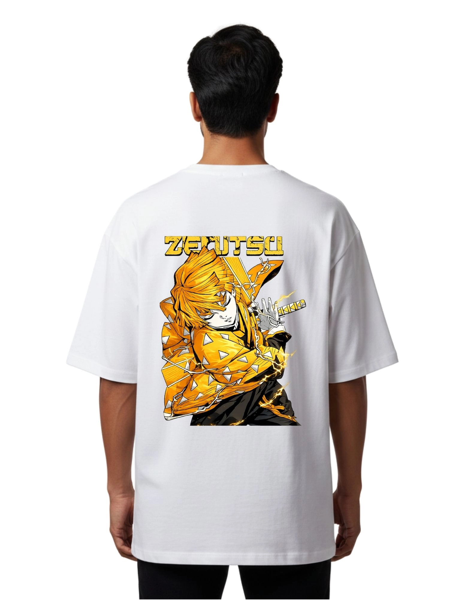 Zenitsu Thunder Graphic Oversized Cotton French Terry T-Shirt 240 GSM White