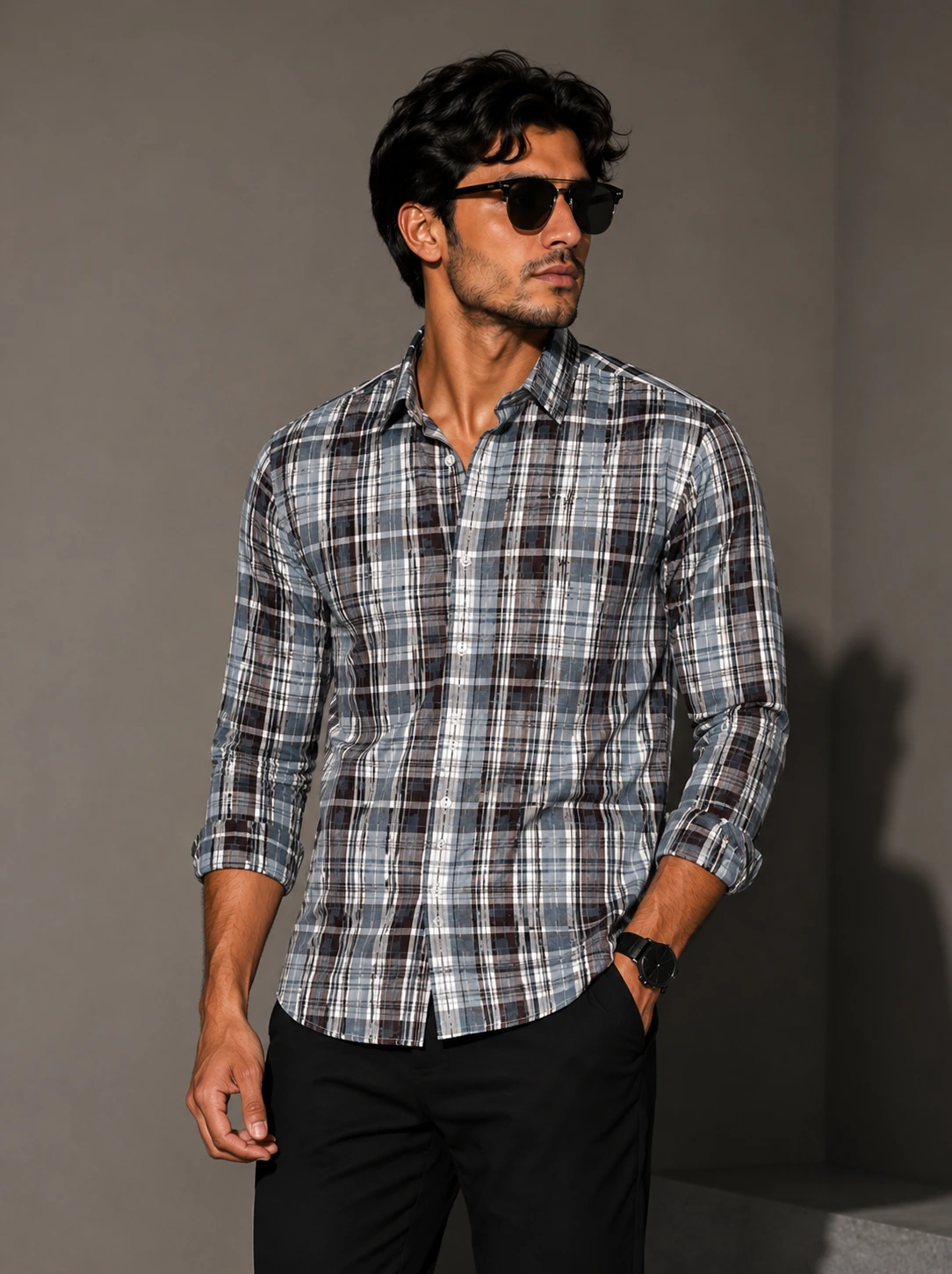 primarily light blue with navy blue, white, and gray Men's Cotton Full Sleeve Check Shirts